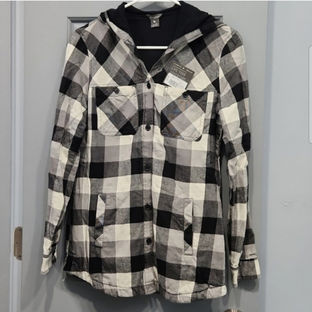 NWUT Eddie Bauer Stines Favorite Flannel Black White Gray Button Hoodie Jacket